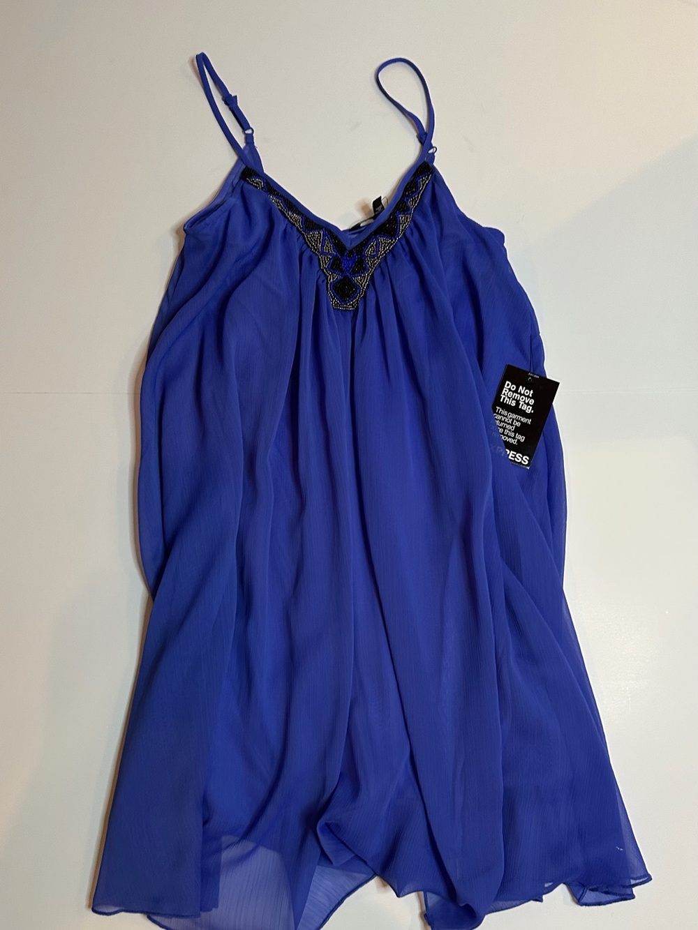 Express Blue Beaded V-Neck Spaghetti Strap Dress